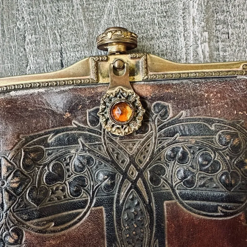 Amity Vintage Antique Leather Tooled Wallet Pouch Bag